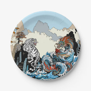 Assiettes En Carton Dragon et Tigre Blanc. Illustration par Insima