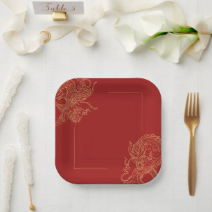 Assiettes En Carton Dragon Phoenix traditionnel Mariage chinois rouge