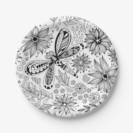 Assiettes En Carton Dragonfly et doodle de fleurs (Devant)