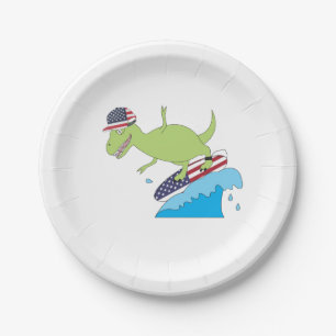 Assiettes En Carton Drapeau américain Dinosaur Surfing
