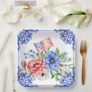 Assiettes En Carton Drapeau américain floral rouge, blanc et bleu