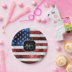 Assiettes En Carton Drapeau américain rouge blanc brillant parties sci