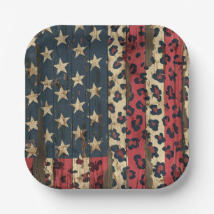 Assiettes En Carton Drapeau américain rustique imprimé léopard (1)