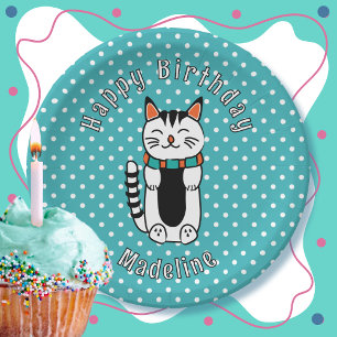 Assiettes En Carton Drôle Cartoon Chat Turquoise White Dot Anniversair