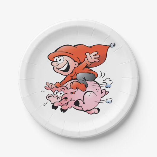 Assiettes En Carton Drôle Cartoon Gnome équitation Flying Pig (Devant)