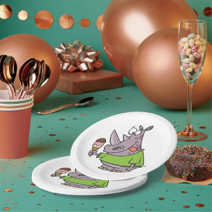 Assiettes En Carton Drôle Cartoon Rhino Manger de la crème glacée mign