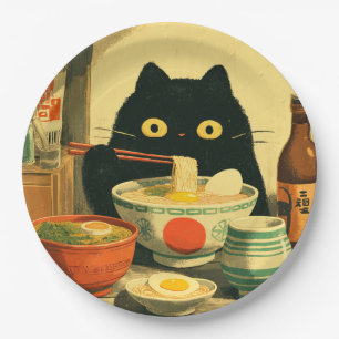 Assiettes En Carton Drôle chat noir manger Ramen