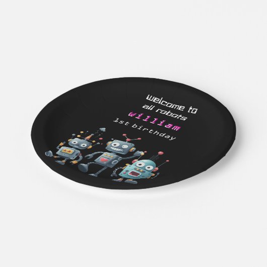 Assiettes En Carton drôle d'invitation d'anniversaire de robot (Angle)