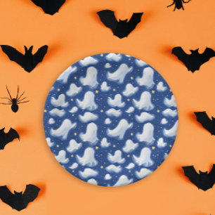 Assiettes En Carton Drôle Fantôme Bleu Halloween Nuit Ciel Aquarelle