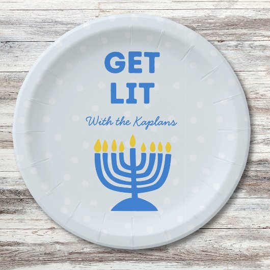 Assiettes En Carton Drôle "Get Lit" Chic Personnalisé Menorah Hanoukka