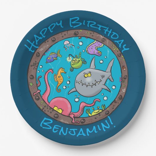 Assiettes En Carton Drôle joyeux créatures marines sous l'eau dessin a (Devant)