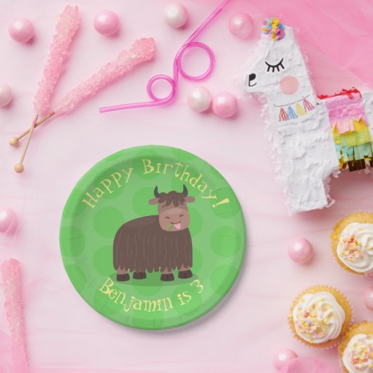 Assiettes En Carton Drôle joyeux yak mangeant de l'herbe dessin d'illu (Fête)