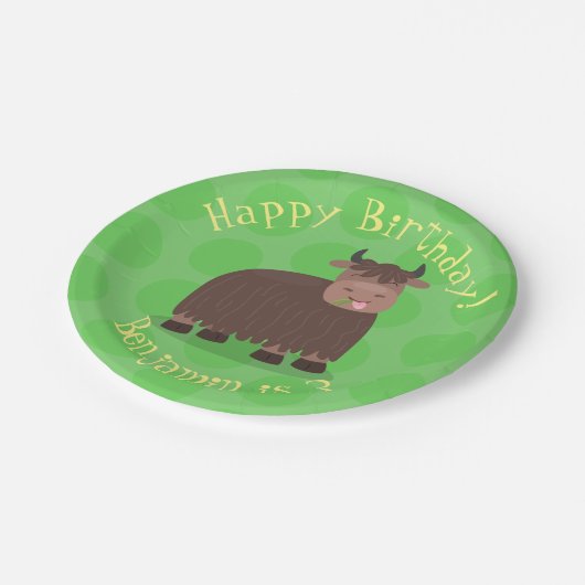 Assiettes En Carton Drôle joyeux yak mangeant de l'herbe dessin d'illu (Angle)