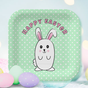 Assiettes En Carton Drôle Pâques Lapin Cartoon Vert Rose Blanc Amusant