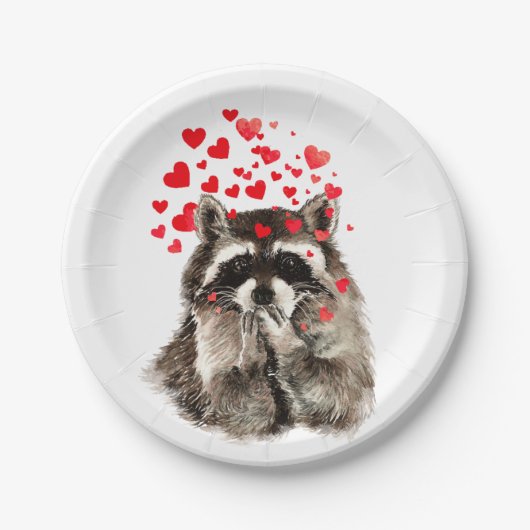 Assiettes En Carton Drôle Raccoon souffler Baisers Coeurs d'amour (Devant)