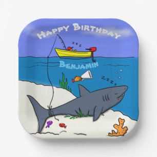 Assiettes En Carton Drôle requin couché et dessin animé de pêche