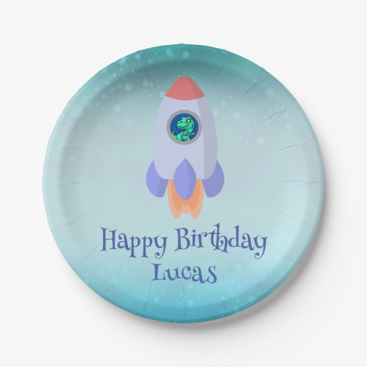 Assiettes En Carton Drôle T-rex dinosaure fusée École enfant Anniversa (Devant)