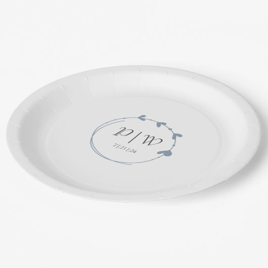 Assiettes En Carton Dusty Bleu Simple Coeur Wreath Mariage Monogramme (Angle)