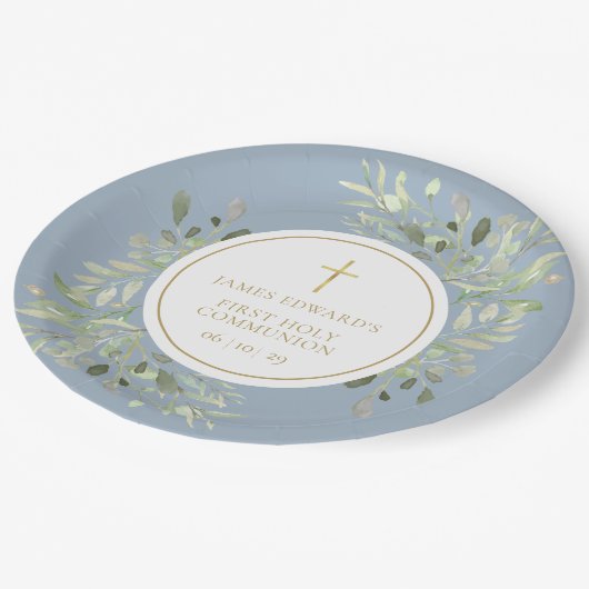 Assiettes En Carton Dusty Bleu Vert Première Communion Sainte (Angle)