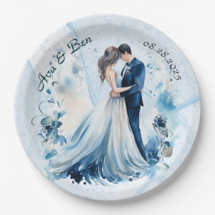 Assiettes En Carton Dusty Blue Alcohol Ink Bride & Groom Mariage