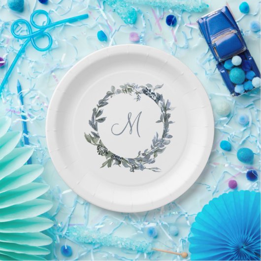 Assiettes En Carton Dusty Blue Botanical Wreath Élégant Monogramme (Fête)