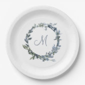 Assiettes En Carton Dusty Blue Botanical Wreath Élégant Monogramme (Devant)