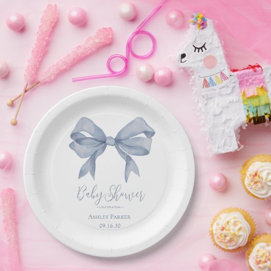 Assiettes En Carton Dusty Blue Bow Boy Baby shower (Fête)