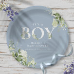 Assiettes En Carton Dusty Blue C'est un garçon vert lettre Baby shower<br><div class="desc">C'est une plaque en papier baby shower garçon avec une typographie élégante et de jolies feuilles de verdure botanique sur un arrière - plan bleu poussiéreux. Conçu par Thisisnotme©</div>