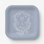 Assiettes En Carton Dusty Blue Classic Floral Crest Monogram Mariage (Recto)