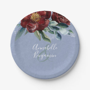 Assiettes En Carton Dusty Blue et Cranberry Burgundy Mariage