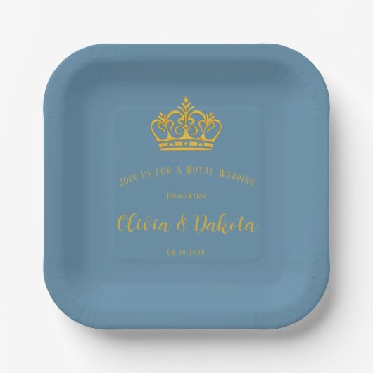 Assiettes En Carton Dusty Blue et Gold Mariage royal de la Couronne (Recto)