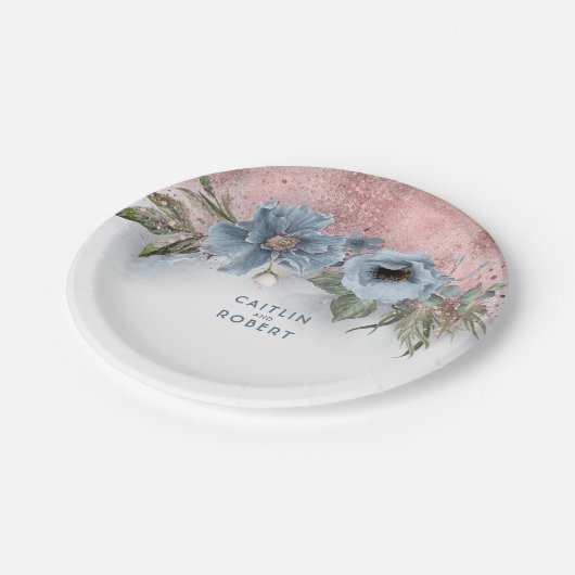 Assiettes En Carton Dusty Blue et Rose Gold Parties scintillant Élégan (Angle)