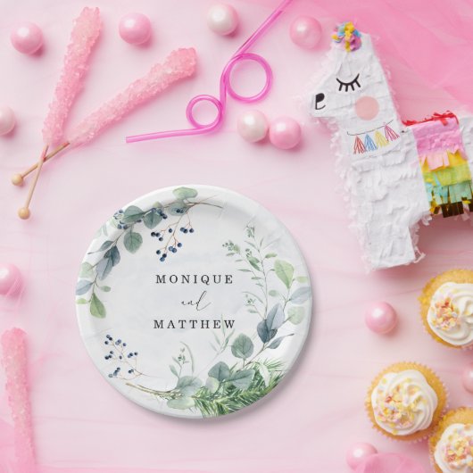 Assiettes En Carton Dusty Blue Eucalyptus Vert Mariage rustique (Fête)