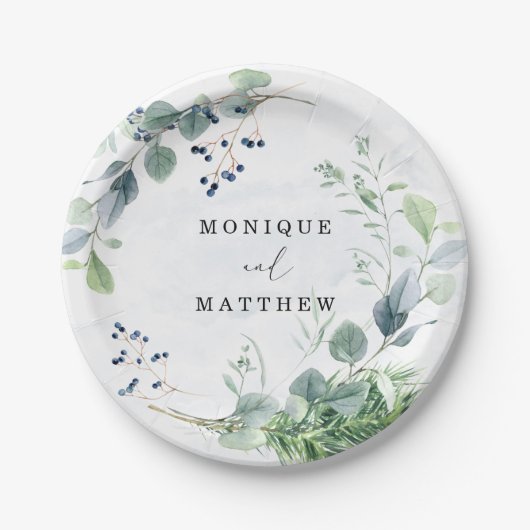Assiettes En Carton Dusty Blue Eucalyptus Vert Mariage rustique (Devant)