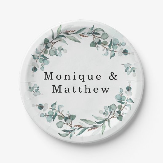Assiettes En Carton Dusty Blue Eucalyptus Vert Mariage rustique (Devant)