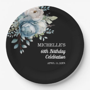 Assiettes En Carton Dusty Blue Floral Black 60e anniversaire