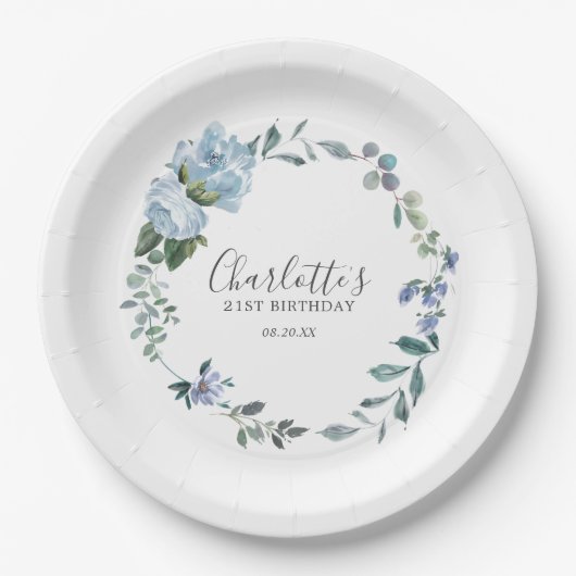 Assiettes En Carton Dusty Blue Floral Custom 21e anniversaire Custom (Devant)