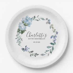 Assiettes En Carton Dusty Blue Floral Custom 40th Birthday Custom
