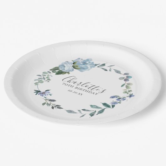 Assiettes En Carton Dusty Blue Floral Custom 70th Birthday Custom (Angle)