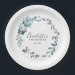 Assiettes En Carton Dusty Blue Floral Custom 90th Birthday Custom<br><div class="desc">Plaques en papier très élégantes pour une fête du 90e anniversaire. Une couronne fleurie présente des pivoines bleues poussiéreuses et des fleurs roses nichées dans des feuilles d'eucalyptus bleus. Le nom de la femme est écrit dans une police de caractères tendance. 90ème anniversaire et date suivent. Ce 90e anniversaire peut...</div>