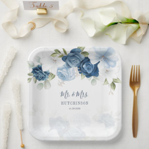 Assiettes En Carton Dusty Blue Floral Greenery M. et Mme Mariage