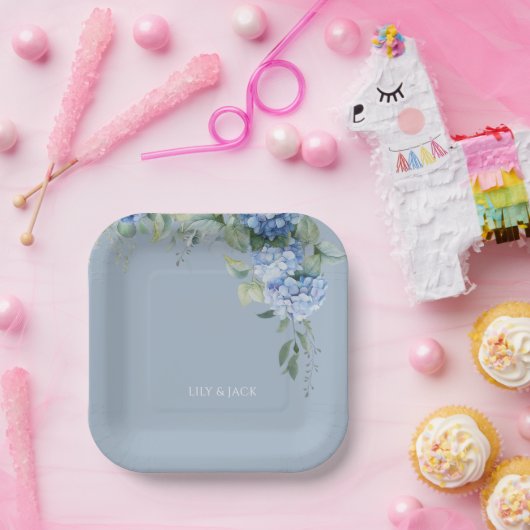 Assiettes En Carton Dusty Blue Floral Hydrangea Mariage d'événements (Fête)