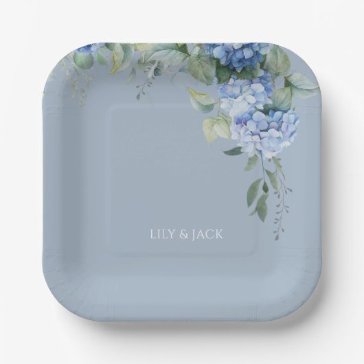 Assiettes En Carton Dusty Blue Floral Hydrangea Mariage d'événements (Recto)