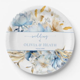 Assiettes En Carton Dusty Blue Floral Mariage or