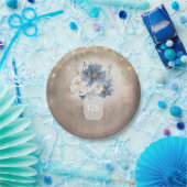 Assiettes En Carton Dusty Blue Floral Mason Jar Initiales Bois rustiqu (Fête)