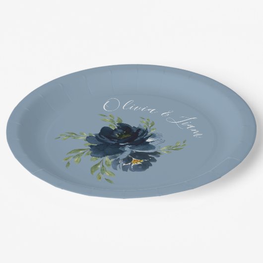 Assiettes En Carton Dusty Blue Floral Moderne Script Nom élégant (Angle)