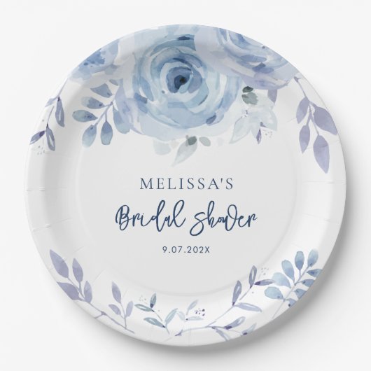 Assiettes En Carton Dusty Blue Floral Rustique Script Mariage Douche (Devant)
