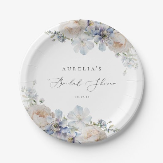 Assiettes En Carton Dusty Blue Garden Floral Mariage (Devant)