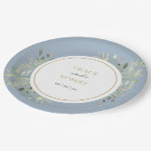 Assiettes En Carton Dusty Blue Greenery Foliage Gold Mariage (Angle)