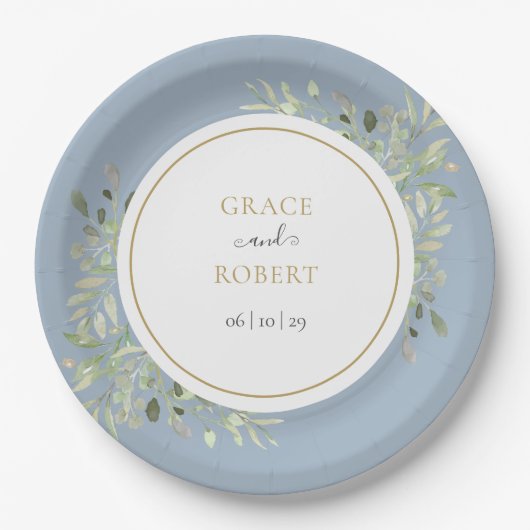 Assiettes En Carton Dusty Blue Greenery Foliage Gold Mariage (Devant)